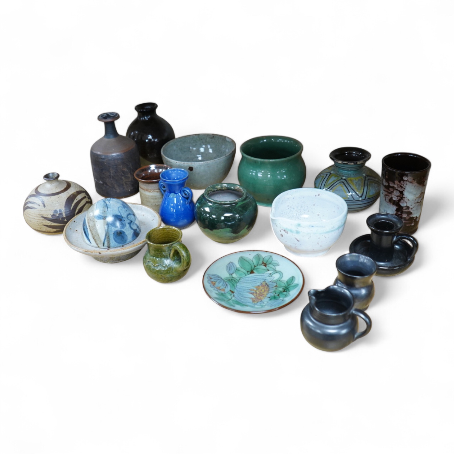 A collection of studio pottery to include a small Danish squat vase, a Brannam, Devon vase and three small Dickerware pieces, largest 13cm high